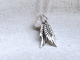 ANGEL WINGS Kette Engelsflügel Rosenquarz Silber