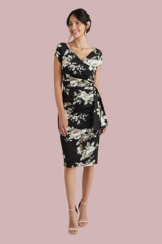 Hourglass Pencil Dress - Black/Floral (50er Jahre Stil)