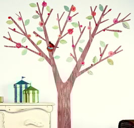 Pink Blossom Tree and Bird Wall Decal-Wall Sticker