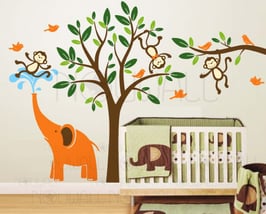 Elephant and Three Monkeys Tree Wall Decal-Wall Sticker