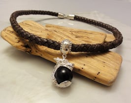 Ledercollier, Drachenanhänger mit Edelsteinkugel Silber 925