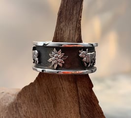 Ring Silber 925 mit Edelweiss+Kuh Motiv geschwärzt