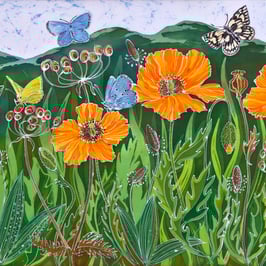 Welsh Poppies And The Malvern Hills Giclee Batik Print