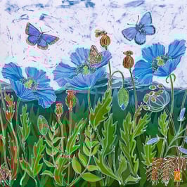 Himalayan Poppies And The Malvern Hills Giclee Batik Print
