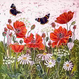 Red Admirals & Poppies Giclee Batik Print