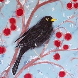 Blackbird On Red Crab Apples Detail Giclee Batik Print