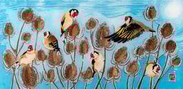 Goldfinches feeding in the winter sun -  Giclee Batik Print