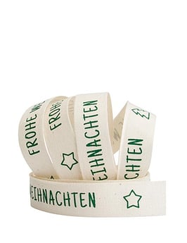Baumwollband creme 15mm "Frohe Weihnachten" grün - 5 Meter