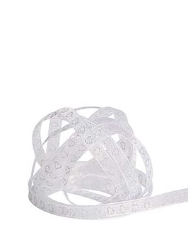 Chiffonband weiß mit silbernen Herzen 10mm - 5 Meter