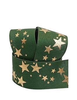 Taftband dunkelgrün mit goldenen Sternen 40mm - 5 Meter