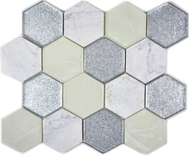 Mosaico 3D Big Hexagon marmo vetro Silver