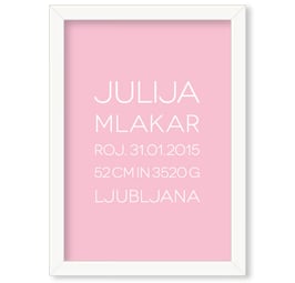 Individualizirana grafika ob rojstvu deklice, brez-serifni napis na barvnem ozadju "Julija"