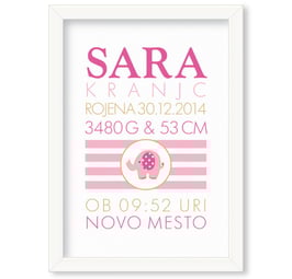 Individualizirana grafika ob rojstvu deklice z motivom slončka "Sara"