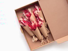 Škatlica s suhim cvetjem - mini šopki v rdečih in belih tonih