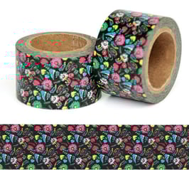 Washi lepilni trak - širok – drobne pisane cvetlice na črnem ozadju