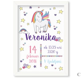Individualizirana grafika ob rojstvu deklice z motivom samoroga "Veronika C."