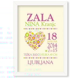Individualizirana grafika ob rojstvu deklice z motivom cvetličnega srčka "Zala"