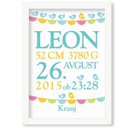 Individualizirana grafika ob rojstvu fantka z motivom zastavic in ptičkov "Leon"