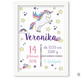 Individualizirana grafika ob rojstvu deklice z motivom samoroga "Veronika B."