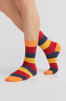 Albero Natur Socken, Streifen orange-kirschrot-indigo-senfgelb