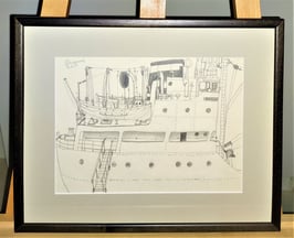 Goldammer, Karl Originale Zeichnung - Schiff mit Rettungsboot 1980