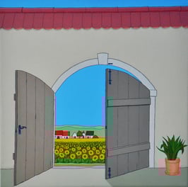 Fuchs, Gerhard Stefan - Hoftor offen mit Sonnenblumenfeld
