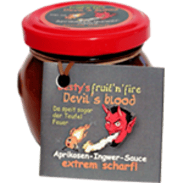 Aprikosen-Sauce -- > Devils blood (roter Deckel)... extrem scharf!