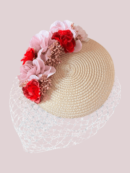 Fascinator Natural - Rosa/Rote Blumen mit Netz