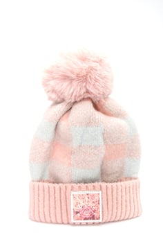 Bommelmütze grau pink kariert