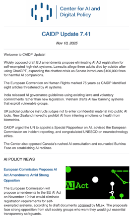 CAIDP Update 7.41 - AI Policy News (Nov. 10, 2025)