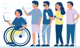 イラスト：ノートパソコンを持っている車椅子の人、スマホを持っている義足の人、白杖をもっている人、タブレットを持っている義手の人、松葉付の人