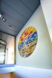 Il simbolo e gli elementi, 2009, mosaico in vetro e pietre naturali, diametro 140 cm. IBSA, Noranco - CH