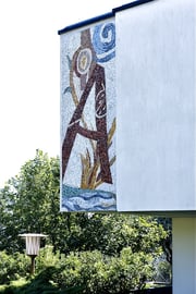 A, 2003, mosaico in pietre naturali, 100 x 300 cm. Casa privata, Porza - CH