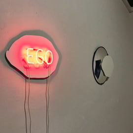 EGO MIRROR (white) acrylic on metal plate, 60 cm diameter, 2019 (Installation view: Solo show EGO BALLROOM, Palazzo Zenobio, Venice, Italy / 2019)