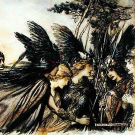 Brunilda implora. Ilustración de Arthur Rackham, 1910.