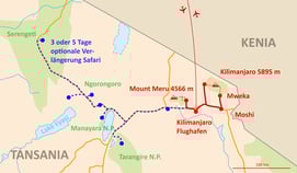 Landkarte Trekking Mount Meru plus Kilimanjaro Western Breach