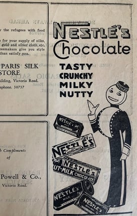 Late 1930s ad for Nestlé chocolate issued in Tianjin, China. From the MOFBA collection.