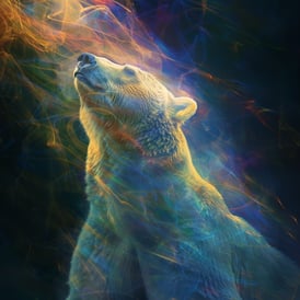 Ein Eisbär schaut links rauf und hebt seinen Kopf und schliesst seine augen, der Hintergrund ist schwarz, ein engelhafter licht strahl oder energie quelle trifft auf ihn, in ätherischen farben blau, violet, pink, orange