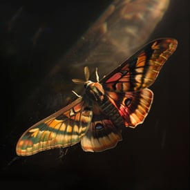 Ein schön gemusterter Nachtfalter in den farben gelb, orange, schwarz und rot fliegt in der dunkelheit ein Lichtstrahl fällt auf ihn