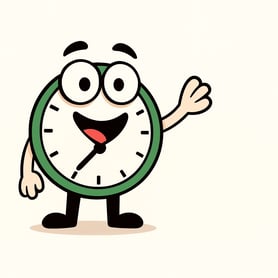 Uhrli, das grüne ZeitTausch-Maskottchen, begrüsst die Besucher mit einem freundlichen Winken.