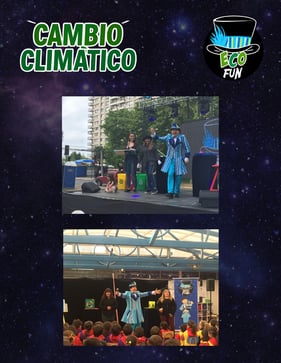 El Mago FUN presenta su show “Cambio Climático” al aire libre y en un gimnasio escolar, acompañado de niños y adultos.