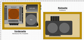 Bild eines digitalisierten Entwurf eines PC-Gehäuses mit Vorder- und Rückansicht