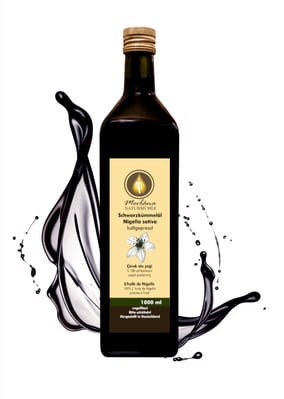 Ungefiltertes Schwarzkümmelöl naturbelassen kaltgepresst in Glasflasche