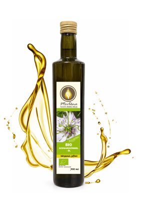 Bio Schwarzkümmelöl gefiltert mild kaltgepresst in Glasflasche