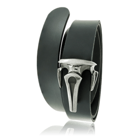 Schwarzer Ledergürtel mit einer Schnalle in Silber aus der Gremlin Männerschmuck Kollektion der Goldschmiede OBSESSION