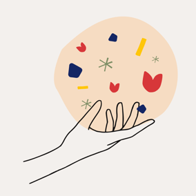 dessin d'une main ouverte avec une bulle colorée posée dans la paume