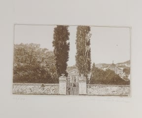 7 Hinter der Mauer, Radierung und Kaltnadel in zwei Farben