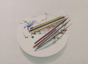 Buntstifte am Teller, Lithographie 1988, € 160,-