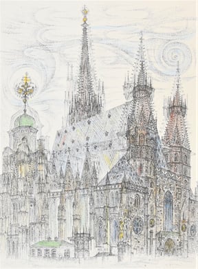 Coudenhove Kalergie Original Farbradierung stephansdom wien st. stephan