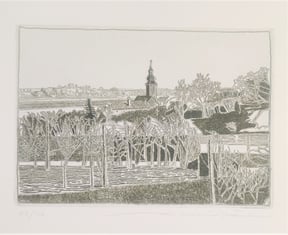 1 Weinland grenzt ans Dorf, Radierung in zwei Farben